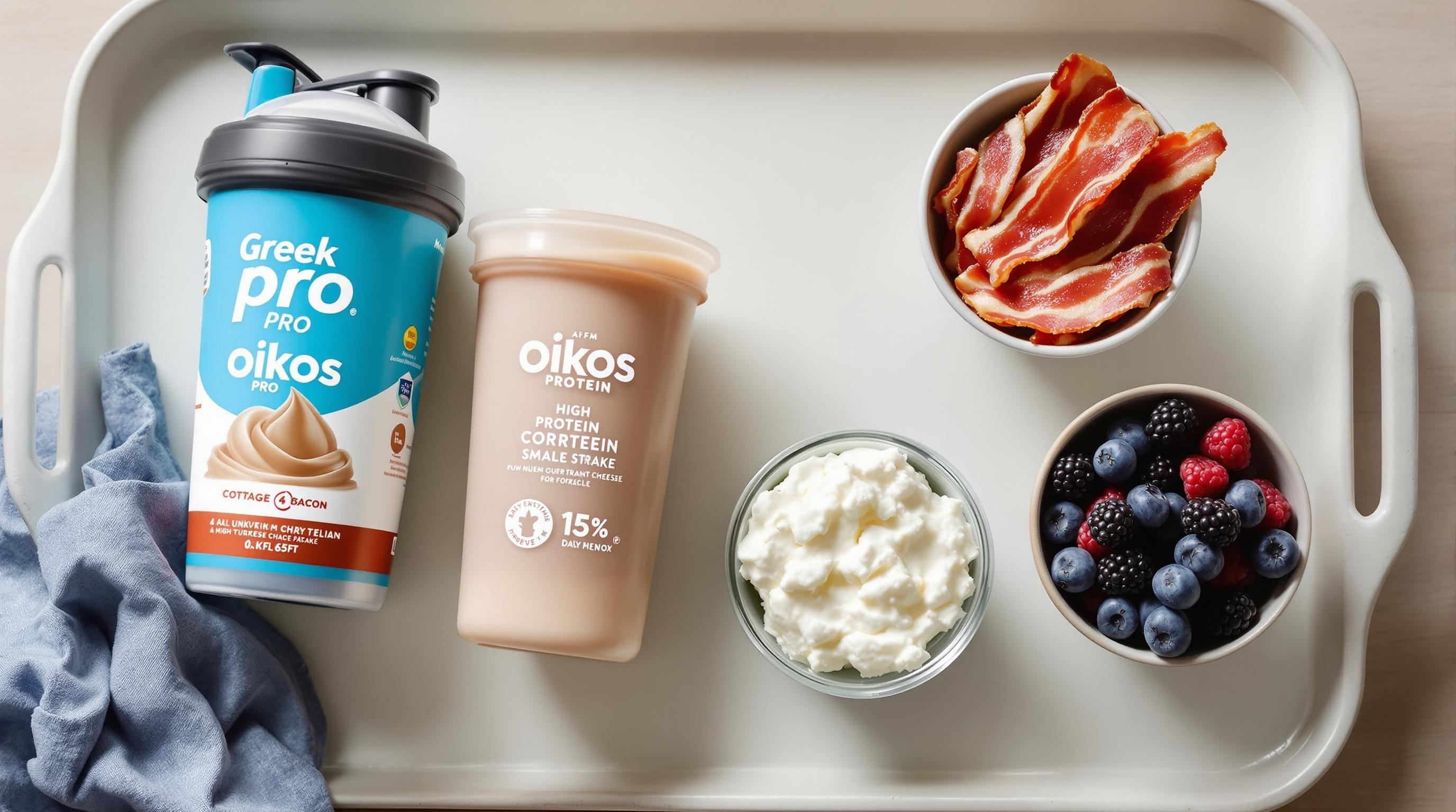 High protein snack pack with cottage cheese, hard boiled eggs, and a protein shake